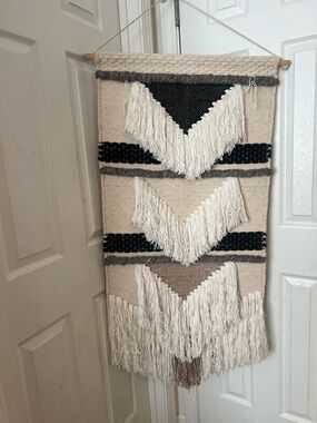 Handwoven Cream and Black Wall Hanging Tapestry - Brand wool wall hanging art